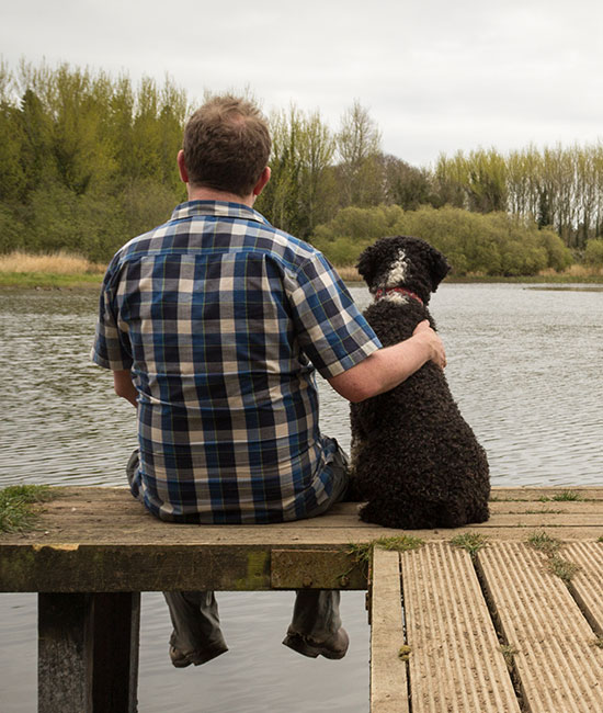 A man in a plaid shirt, resembling a relaxed veterinarian on a rare day off, sits on a wooden dock. He faces the calm lake with his curly-haired dog at his side as trees line the opposite shore under an overcast sky.