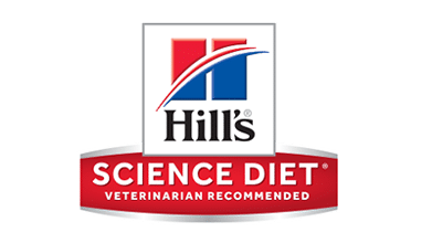 The image depicts the Hill's Science Diet logo, featuring a stylized red and blue emblem above the black text "Hill's." Below, "Science Diet, Veterinarian Recommended" is elegantly displayed in white against a red background, highlighting its trusted vet endorsement.