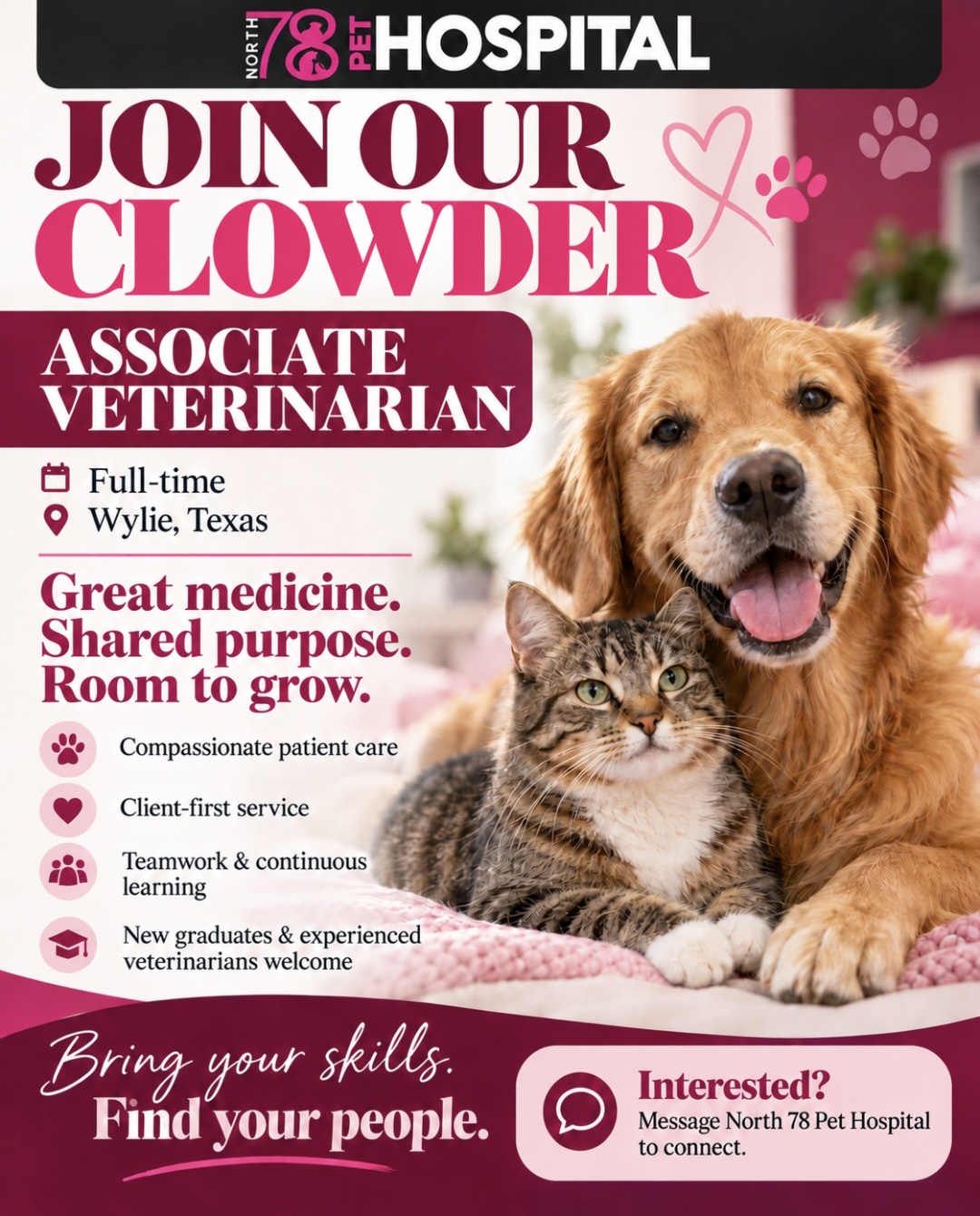 North 78 Pet Hospital hiring poster: Join Our Clowder, Associate Veterinarian, full-time in Wylie, Texas, with a golden retriever and a tabby cat.