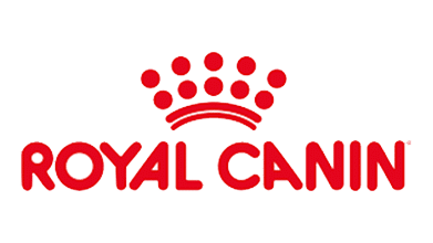 The red Royal Canin logo, favored by veterinarians, features a pattern of red circles above a curved line resembling a crown, with "ROYAL CANIN" boldly written below in vivid red letters.