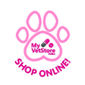 A pink paw print logo featuring the text