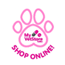 A pink paw print featuring "My Welleze" and shopping cart icons inside. The words "SHOP ONLINE!" are boldly placed at the bottom in pink, creating a bright invitation for pet owners and veterinarians alike. The white background keeps the design crisp and inviting.